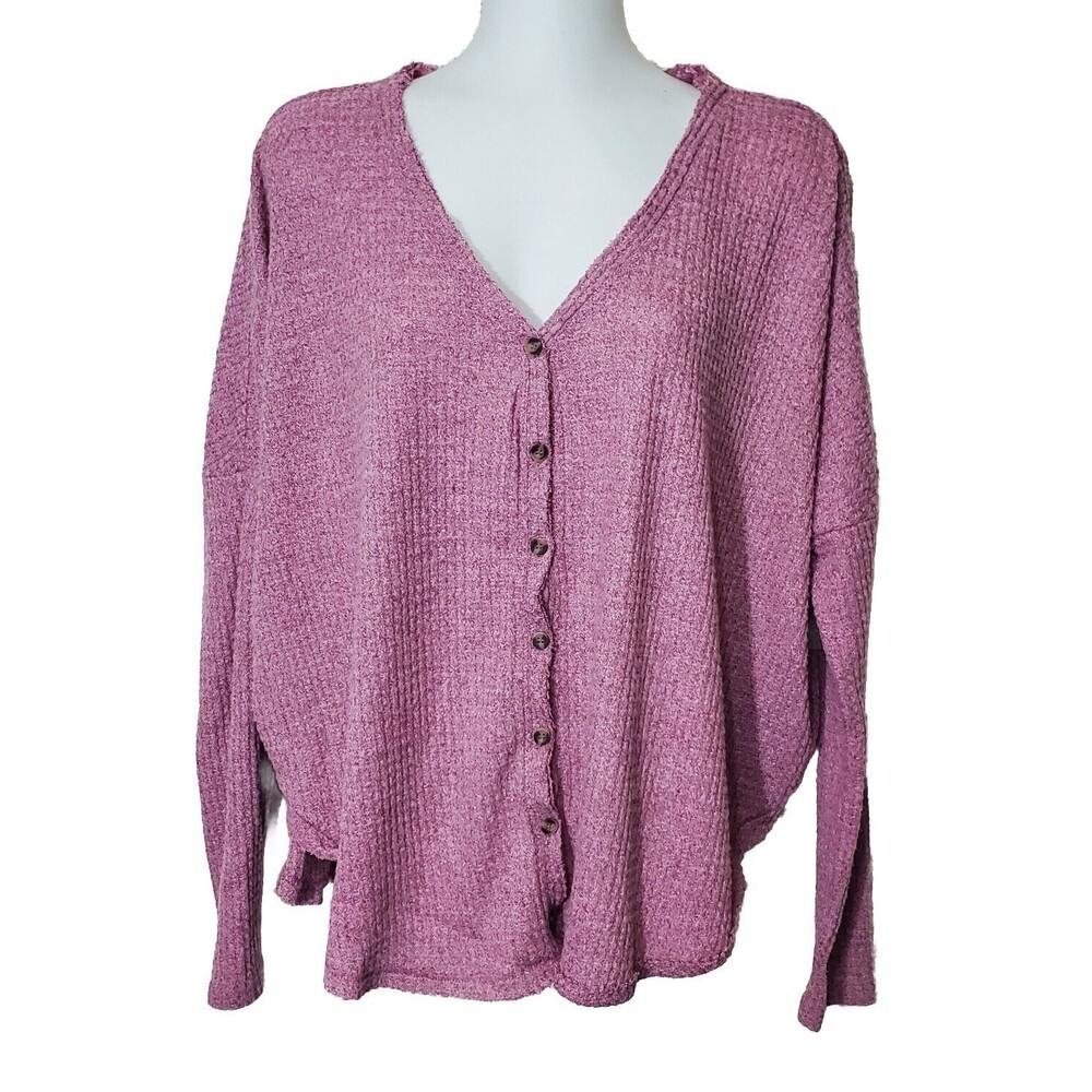 Urban Outfitters Out From Under Womens Top Medium Pink Waffle Knit Button Up
